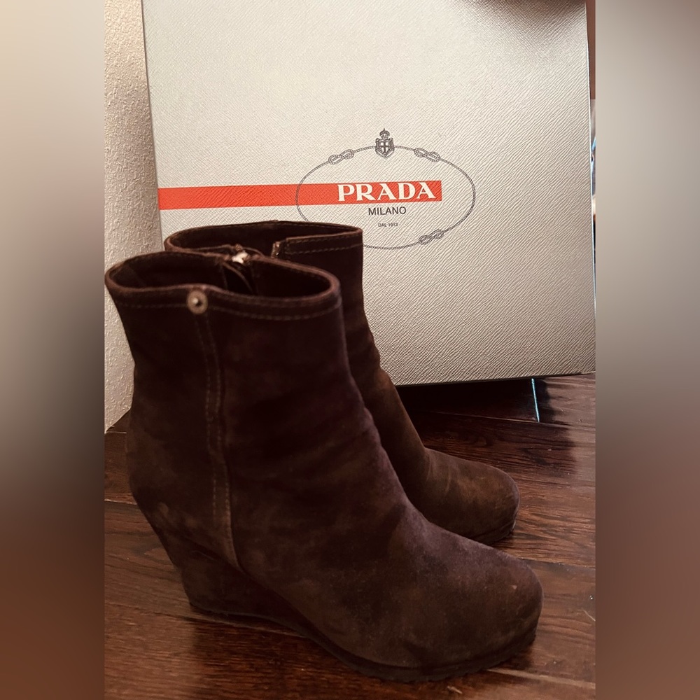 Prada Brown Suede Wedge Boots Size 8.5